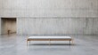 © Jannata - Minimalist wooden seating fixture rests centrally within a stark, brutalist concrete interior space
