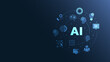 © 88 - An abstract illustration of AI technology with gears, icons, and the word AI prominently featured against a blue background.