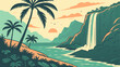 © Adobe - Tropical landscape, palm trees, waterfall, mountains, vector illustration