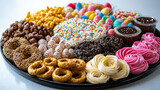 An appetizing assortment of colorful candies, decorated cakes, and chocolate desserts is beautifully arranged on a round tray for a celebratory occasion.
