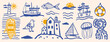 © Aliaksandra - Collection of hand drawn doodle nautical elements with sailing boat, beacon, fish, gull, medusa, and octopus tentacle in minimal blue and yellow sketch style