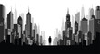 © naim - A dramatic layered silhouette of a sprawling cityscape with numerous skyscrapers frames a lone human figure standing centrally in the foreground.