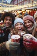 © Alexandr Efimov - Friends enjoying festive atmosphere during winter holiday celebration, smiling and laughing, with lights in background.