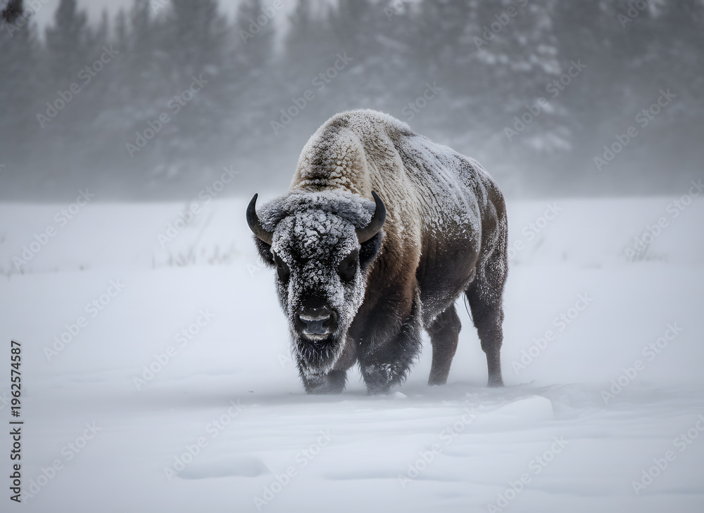 Majestic American Bison covered in frost standing in a snowy field ...