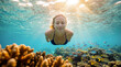 © Christelle - A serene blonde woman dives underwater amidst a vibrant coral reef and schools of tropical fish while golden sunbeams pierce the blue ocean surface. Generative AI.
