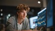 © forenna - Young founder intensely analyzing startup growth dashboard on multiple monitors displaying user acquisition curves and churn metrics in dimly lit garage workspace surrounded by server equipment,