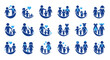 © Dieke - Collection of blue accessibility icons showing people in wheelchairs with helpers and companions.