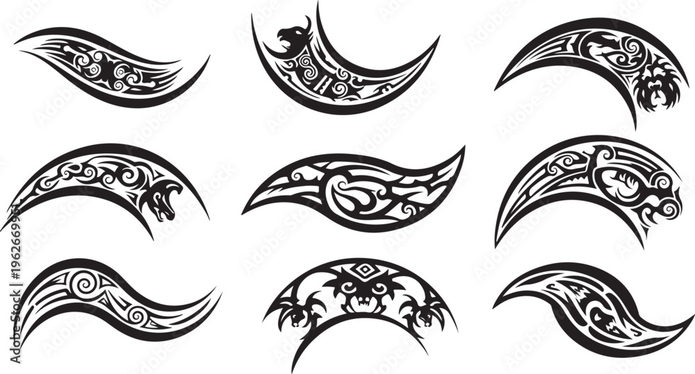 Tribal style curved blades with intricate designs and patterns Stock ...
