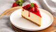 © wikanda - Strawberry Cheesecake Delight: A close-up shot of a single slice of strawberry cheesecake, adorned with fresh strawberries and a drizzle of vibrant red sauce, presented on a pristine white plate.