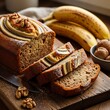 © prek - Delicious Homemade Banana Bread Loaf with Walnuts and Slices on a Wooden Board.