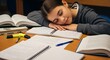 © Shehlla - Tired female student overwhelmed by many textbooks and demanding schoolwork falls asleep while studying late at her wooden desk late at night