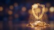 © SUPERPOS - Digital Particle Glowing Shield Icon Protecting a Pile of Golden Coins