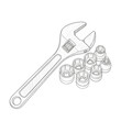 © AAMContributor - Line art drawing of an adjustable wrench and a collection of various sized socket wrenches.