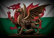 © Nima - Welsh Dragon Statue with Flag Backdrop - A Symbol of Wales.