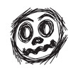 © Muqaddas - A spooky, hand-drawn black and white doodle of a Jack-o'-lantern face with large, expressive eyes and a wavy, jagged mouth, perfect for Halloween or scary themes