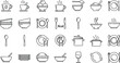 © Mst - Minimal kitchen and dining line icon set featuring cups, bowls, plates, cutlery and cookware in clean outline vector illustration