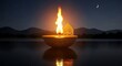 © Kapten - Lit lamp on water at night with moon and mountains background