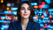© Supot - Businesswoman technology city night bokeh finance data chart confident professional Young businesswoman with technology city night bokeh finance data chart confident professional expression