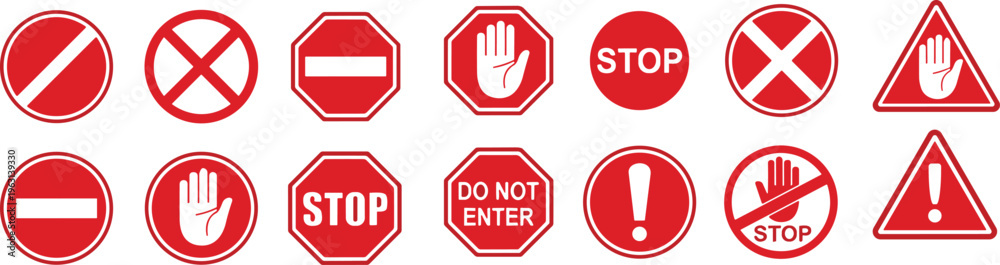 Set stop red sign icon with white hand, do not enter. Warning stop sign ...