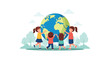 © Noah - Group of diverse children lovingly hugging a giant globe of the Earth to represent global unity, peace, and environmental care.