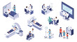 © Noah - Comprehensive collection of isometric medical icons and scenes including MRI scans, doctor consultations, and hospital patients.