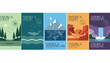 © stcok victer cenva - Minimalist nature travel posters set, flat vector landscape illustrations of forest ocean mountain desert and waterfall, vintage national park art