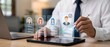 © dgpatel - Focused businessman in a crisp white shirt and tie utilizes a stylus on a tablet to interact with a series of holographic candidate profiles for human resources and talent acquisition purposes.