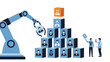 © Liam - Advanced industrial robot arm placing human resource cube into a corporate hierarchy pyramid during an automated talent recruitment process.