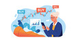 © Elma - Senior woman using her smartphone to trade stocks with a background of rising financial charts and investment indicators.