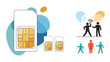 © Thabo - Large sim card with silhouettes of people using mobile phones and speech bubbles representing global telecommunication and connectivity.