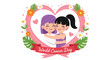 © arinatus - Illustration of two young girls hugging in a heart-shaped frame with flowers and leaves on World Cancer Day.