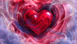 Abstract 3D Glossy Red Heart in Cosmic Nebula Space