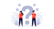© DevanAlfaris - Flat design illustration vector of two people standing with puzzled expressions surrounded by question marks in a minimalistic style.