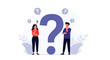 © DevanAlfaris - Flat design illustration vector of two people standing beside a large question mark with thought bubbles, conveying a puzzled expression in a simple, modern style.