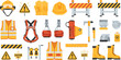 © Minara - Construction Safety Equipment Illustration Set with Hard Hat, Safety Vest, Warning Signs, Tools, Protective Gear, and Industrial Worksite Elements for Occupational Safety Design