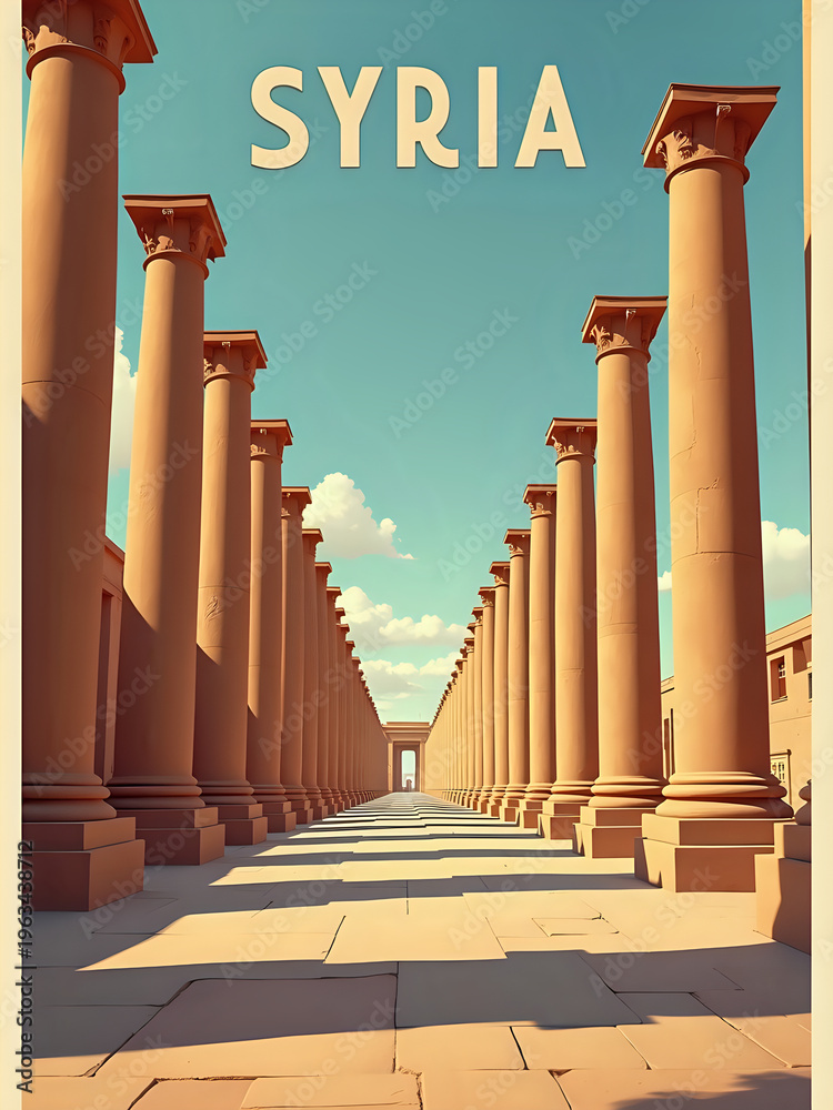 Tall columns line a pathway in Syria, creating a straight corridor that leads to an archway. The clear sky and clouds are visible above, adding depth to the scene.