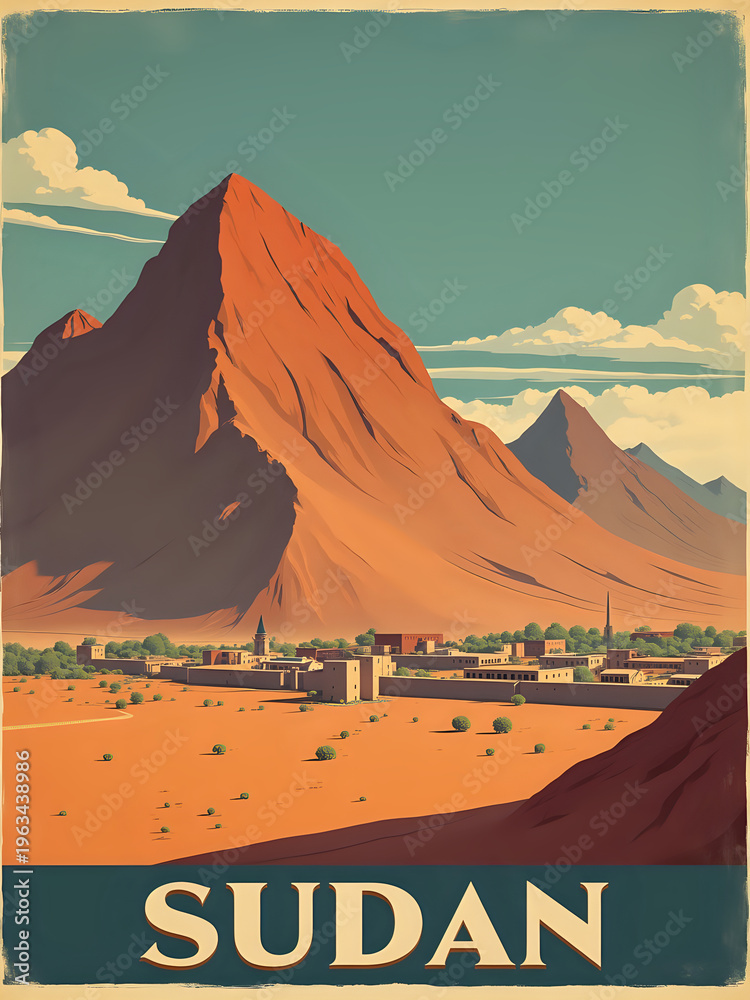 A large mountain stands tall in the background with orange-red rock formations. Below, a small village is visible along with some green trees. The sky is clear with a few clouds, showing a sunny day.