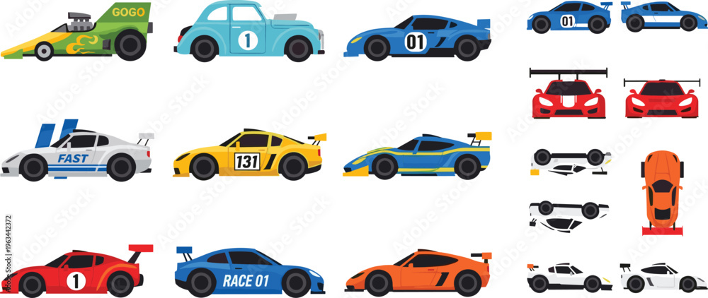 Racing cars vector set with sports cars, race vehicles, spoilers and ...