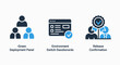© Mehedi - Software development and project management icons featuring a group deployment panel, environment switch dashboards with checkmark, and a professional release confirmation symbol icons set