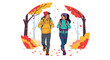 © adzril - Smiling young couple on an autumn hiking adventure, walking through a vibrant forest with colorful fall leaves. Flat vector illustration of outdoor leisure.