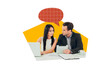 © deagreez - Composite creative art collage of two happy man girl business people cooperation laptop ebook bubble speak isolated on painted background