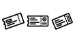 © MAHMUDA  - Set of three admission ticket icons for events and travel featuring perforated edges and boarding pass details for cinema movies, flight bookings, and concert entry reservation illustrations