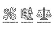 © MAHMUDA  - Business deployment readiness and pre-launch status icons featuring a wrench and gears tool rocket launch checklist and decision scales for go or no go project management evaluation set for office