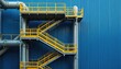 © Raisa - Industrial metal stairs with yellow railings ascend a tall pipe structure. Gray pipes connect to a blue corrugated metal building wall. This offers access to upper levels and platforms.