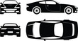 © Creative Vector - Modern sports car silhouette set with front side rear and top views isolated on white background for automotive design branding and vector illustration use