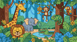 © anton - A whimsical jungle scene features a variety of cartoon animals amidst lush foliage