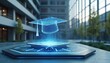 © miss irine - Digital graduation cap hologram displays on futuristic platform. AI learning technology creates future education opportunities. Modern virtual university success.