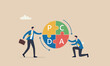 © YEASIN - PDCA process for continuous improvement and get better work quality, Plan, Do, Check and Act concept, businessman coworker help complete jigsaw puzzle loop alphabets PDCA