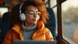 © Pete - Woman with curly hair wears headphones, smiles, and looks out bus window. She uses a laptop, embracing travel and modern tech. Enjoying commute, music, and personal space on journey.