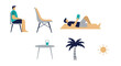 © Erd.Concept - Flat illustration of people relaxing with books, palm tree, sun, table, glass